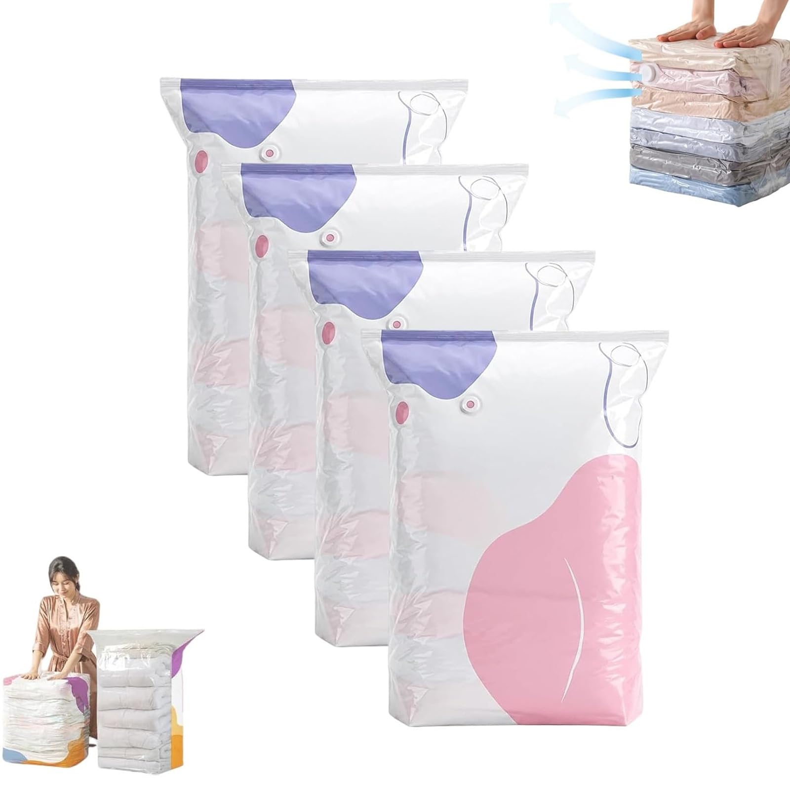 No‑Pump Vacuum Storage Bags, Press & Seal Large Cube Vacuum Seal Bags,Space Saving Self Compression Organizer For Clothes,Comforters，Blankets,Bedding(L*4)