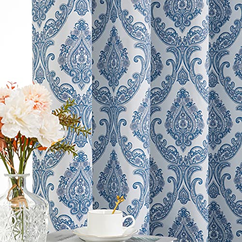 Damask Blackout Curtains, 63 Inch Long, 2 Panels, Medallion Paisley Room Darkening Curtains, Thermal Insulated Grommet Window Curtain Drapes For Bedroom Living Room, 50"X 63", Blue #TOP6