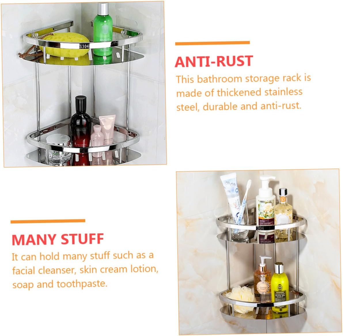 ABOOFAN Modern Minimalist Design Stainless Steel Double Layer Corner Rack Bathroom Shelf Storage Holder for Home