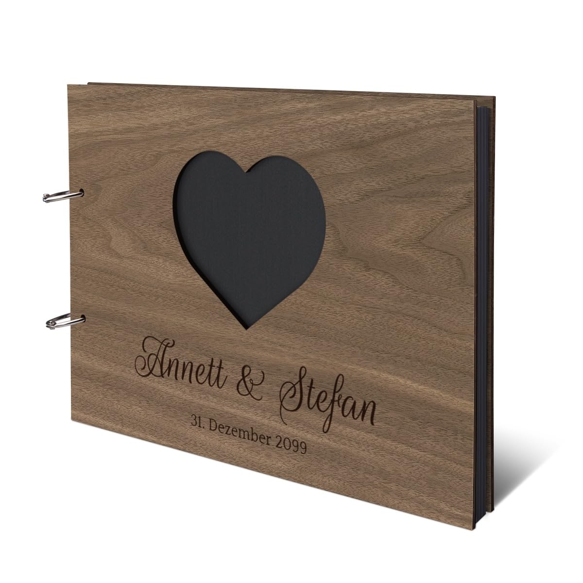 Hochzeit Fotoalbum Nussbaum Holz Gravur individuell Holzcover mit 50 Fotokarton 300g/qm schwarzen Innenseiten (25 Blätter) DIN A4 quer 302 x 215 mm - Herz