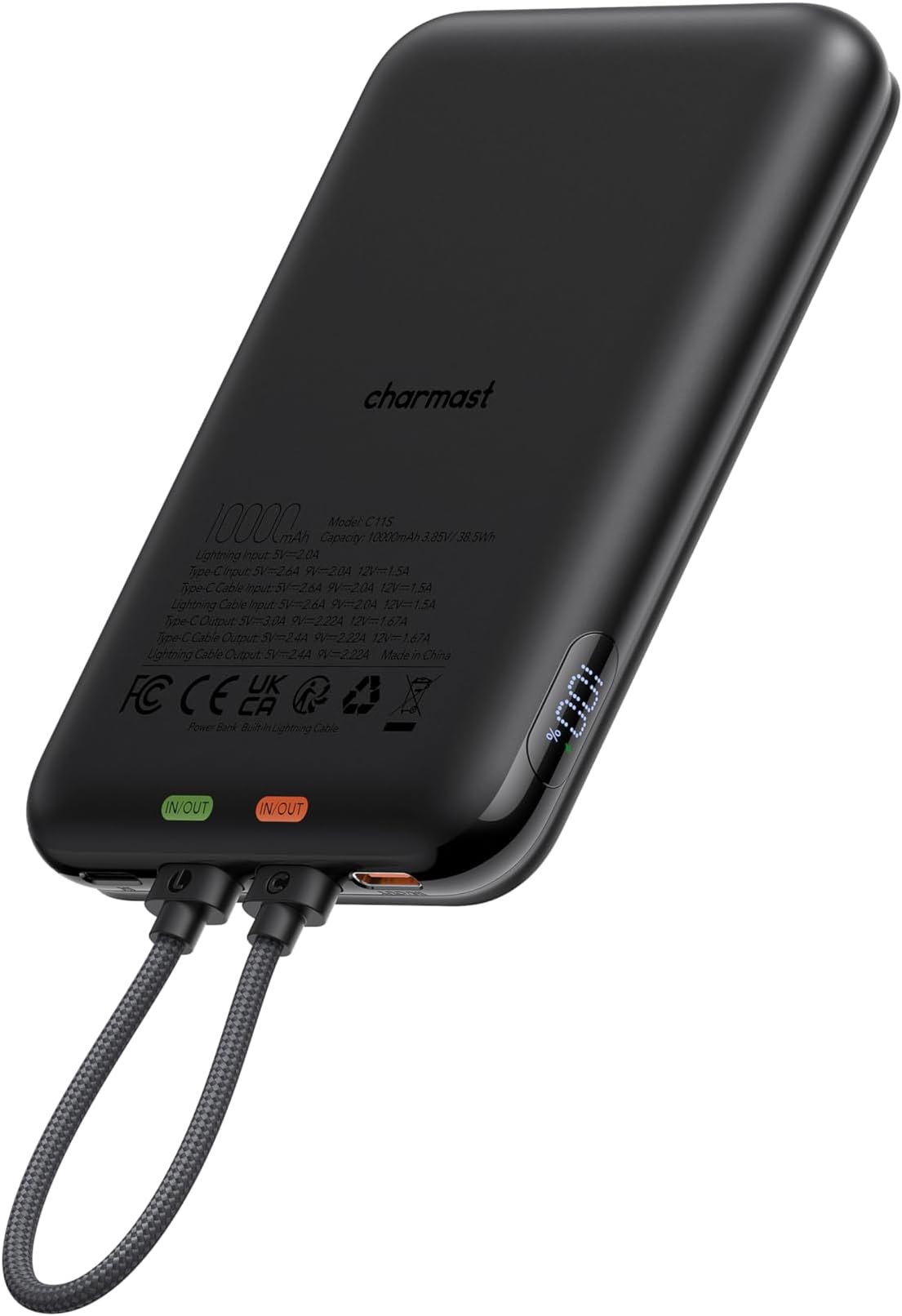 charmast 10000mAh Wired Portable Charger, 20W Fast Charging Slim Power Bank with Removable Cable for iPhone & Android, Hand-Free Battery Pack with Digital Display for Short Travel (No-Wireless)