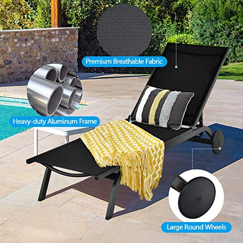 Giantex Lounge Chairs For Outside Patio Chaise Lounges Aluminum Recliner W/Adjustable 6 Backrest Positions And Wheels For Patio Beach Poolside Outdoor Sunbathing Chair(1, Black) #TOP5