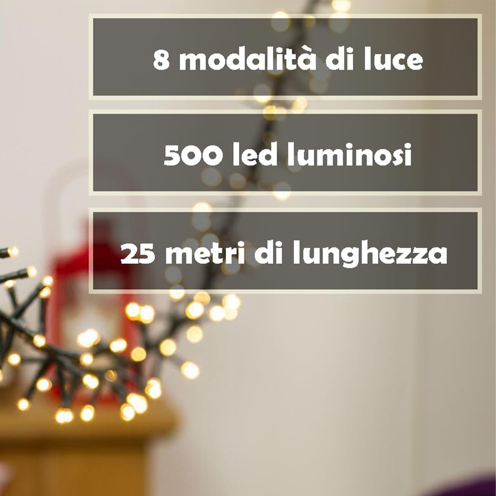 GINMA - Luci Natale Interno e Esterno LED con 8 Effetti Luce, Certificate, Basso Consumo e Impermeabili (Bianco Caldo, 25 metri (500 LED))
