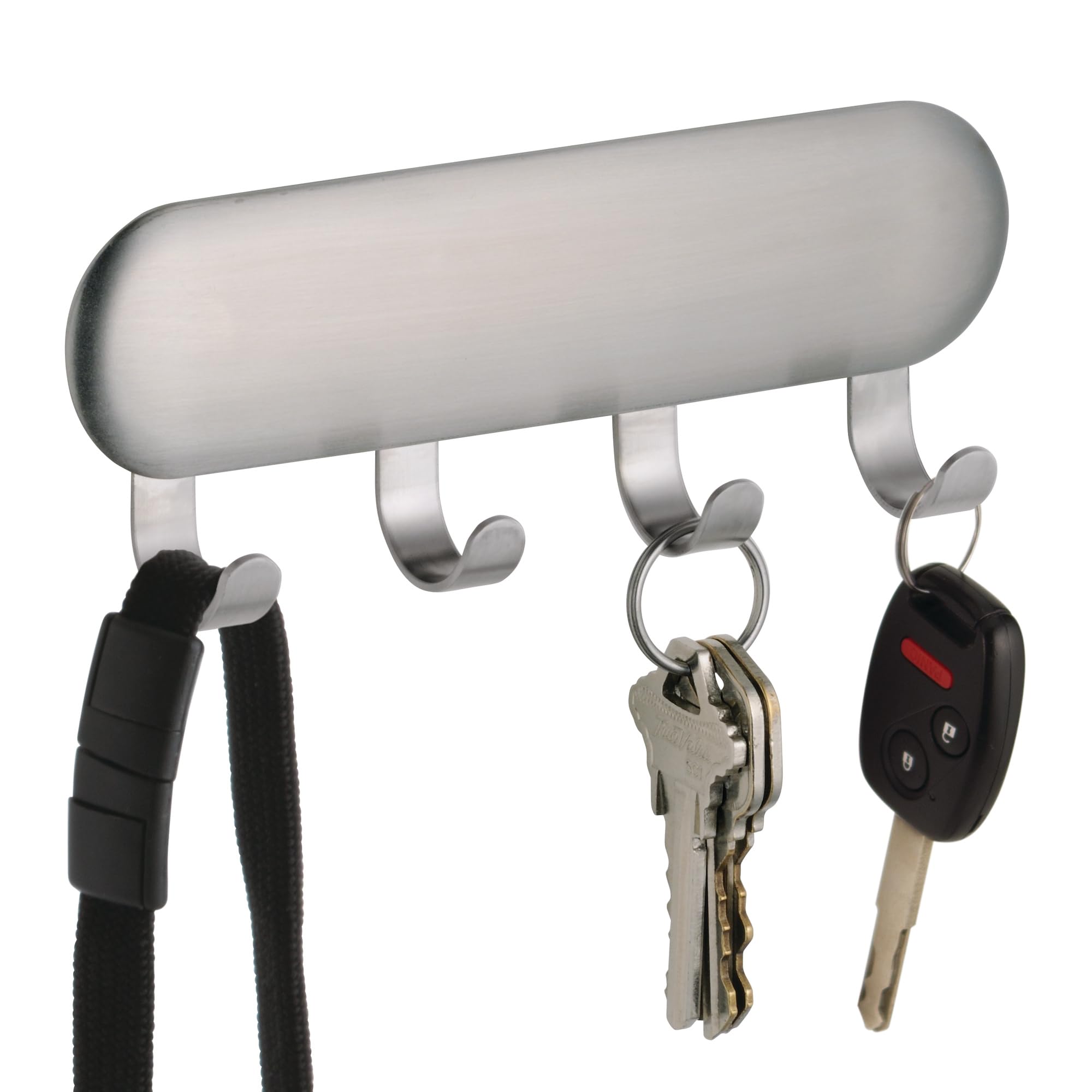 iDesign Coat Hooks with no Drilling, Small Stainless Steel Wall Hooks for Keys and Coats, Practical Stick-on Key Safe Rack, Matte Silver, Key Rack