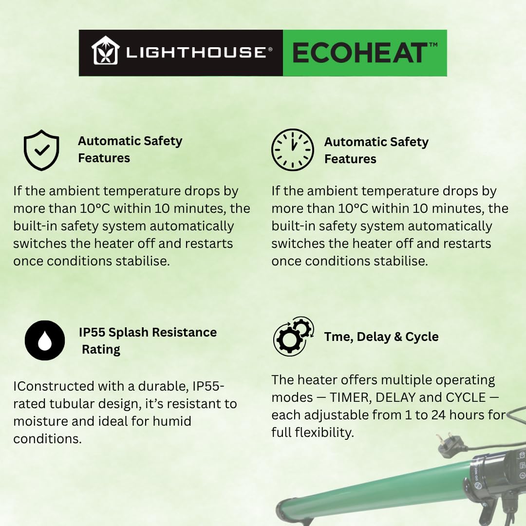 LightHouse ECOHEAT - Scaldabagno a tubo da 80 W con termostato, serra e garage ad efficienza energetica | Protezione antigelo | Riscaldatore per tubi elettrici sicuro e a basso costo