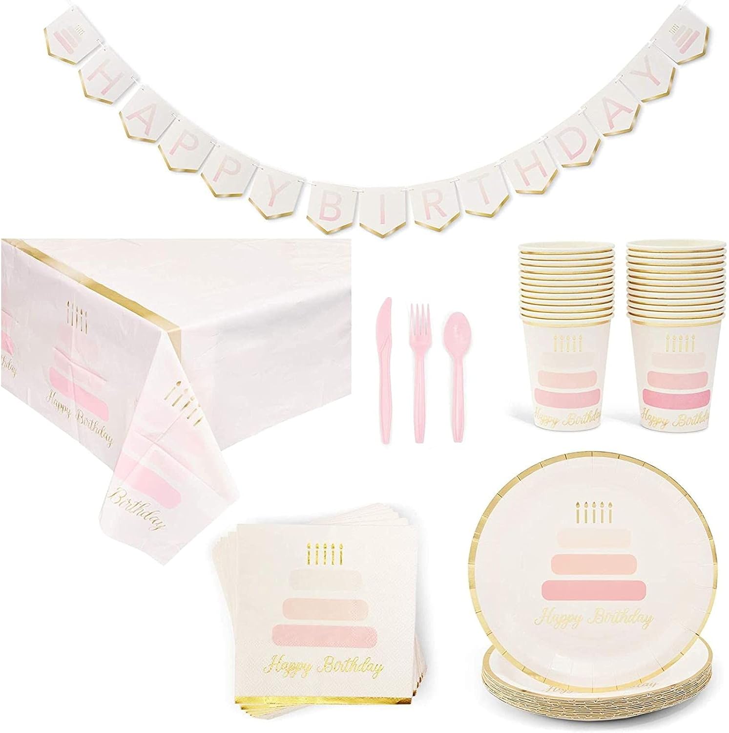Happy Birthday Party Pack, Includes Dinnerware Set, Tablecloth, and Banner (Serves 24, 146 Pieces) : Home & Kitchen