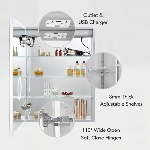 Miniatura 10 de Botiquín de espejo LED empotrado o de superficie con luces, botiquín LED con desempañador, regulador, espejo de maquillaje 3X, tomas de corriente y