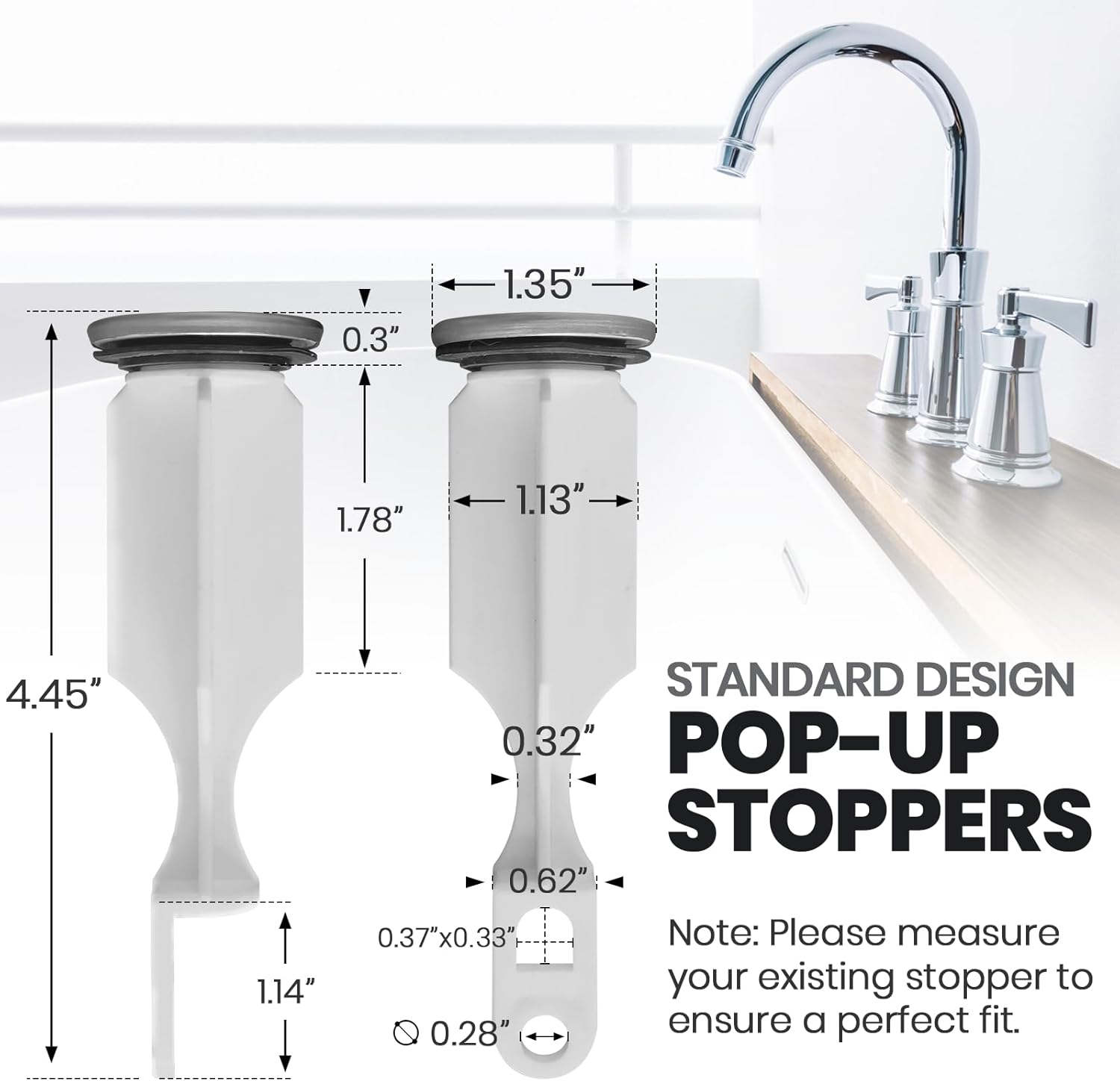 (2-Pack) Bathroom Sink Pop-Up Stoppers - with Brushed Nickel Finish - Fits Most Pop-Up stoppers Design 1-3/8” Cap Outer Diameter, 4-1/2 Overall Height - with 2 Mounting Holes and Gasket Seal