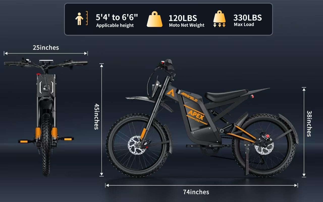 JVV Electric Dirt Bike for Adults, 2000W Brushless Motor, 48V/32Ah Lithium Battery, 37MPH Max Speed, 87 Miles Range, High Carbon Steel Frame, Dual Hydraulic Disc Brakes, Shimano 7-Speed, 25" Tires