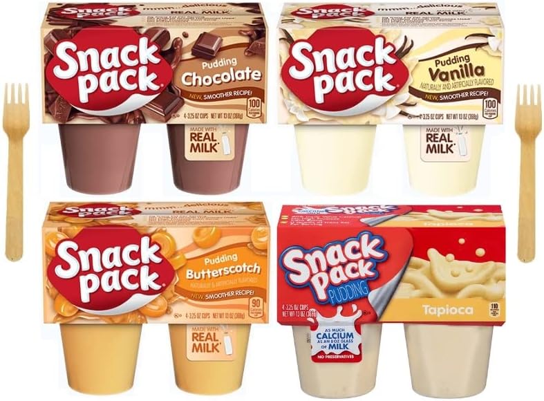 Make Your Day Snack Pack Pudding Variety, Chocolate, Vanilla, Butterscotch, and Tapioca, 4 Cups of Each Flavor (16 Cups Total) - with Two Sporks