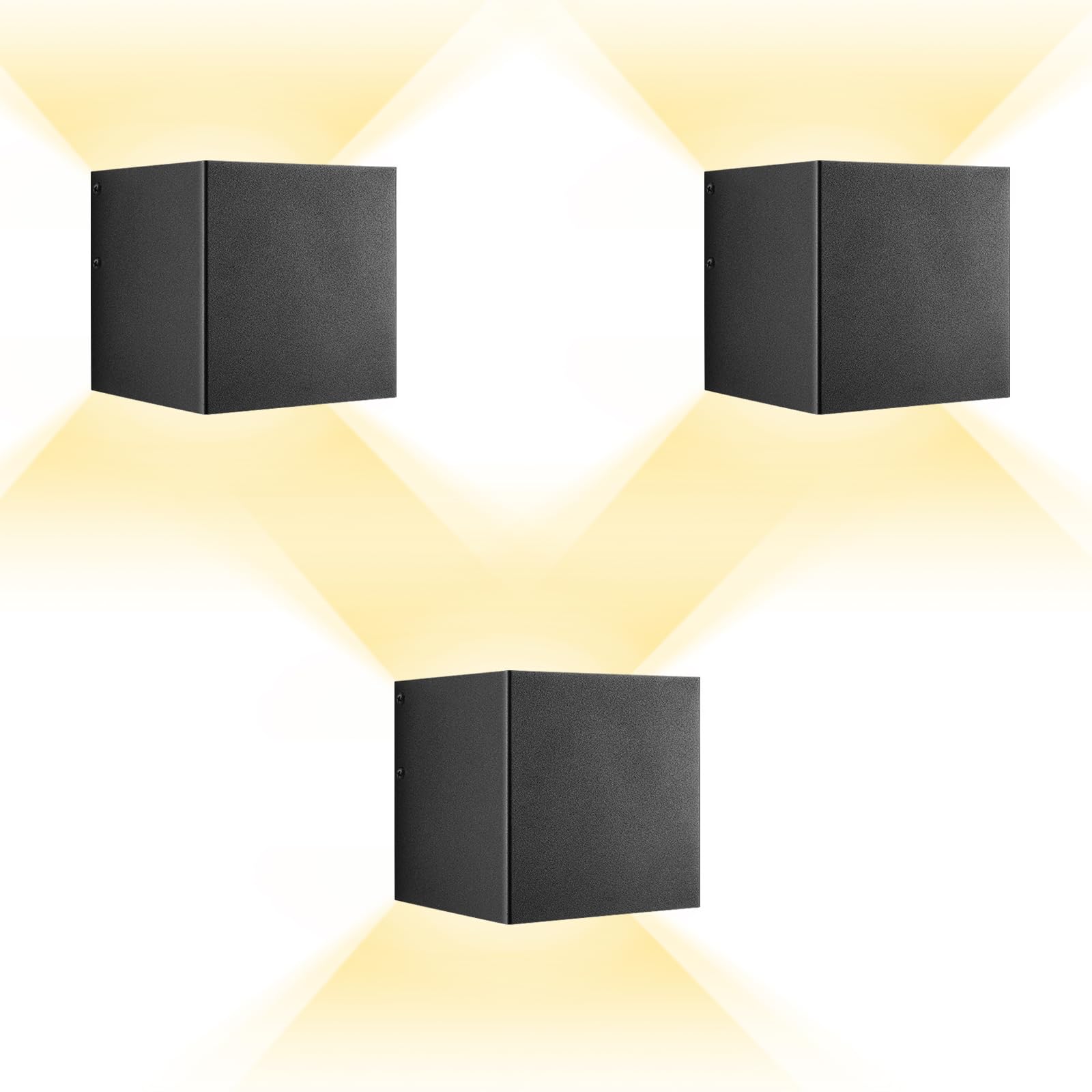 HEQIQEH Modern Style Battery Operated Wall Lights, LED Cube Indoor Up and Down Wall Lamp with Remote Control, Dimmable Cordless Wall Sconces Fixtures for Living Room,Bedside (Black - 3 Pack)