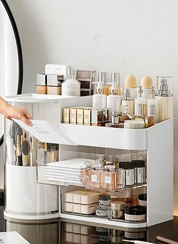 Miniatura 3 de Organizador de maquillaje con soporte giratorio para cepillos, organizador de cosméticos con cajones, organizador de cuidado de la piel para