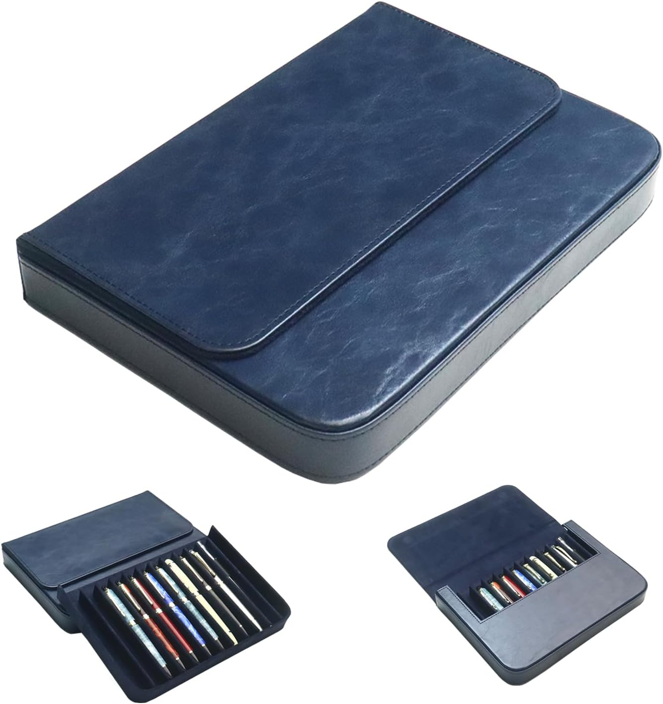 PU Leather 12 Fountain Pen/Pencil Tray Case Organizer, Fashion Design, Handmade, Magnetic Closure with Drawer, Christmas Gift for Man/Woman/Office, 12 Slots(blue)