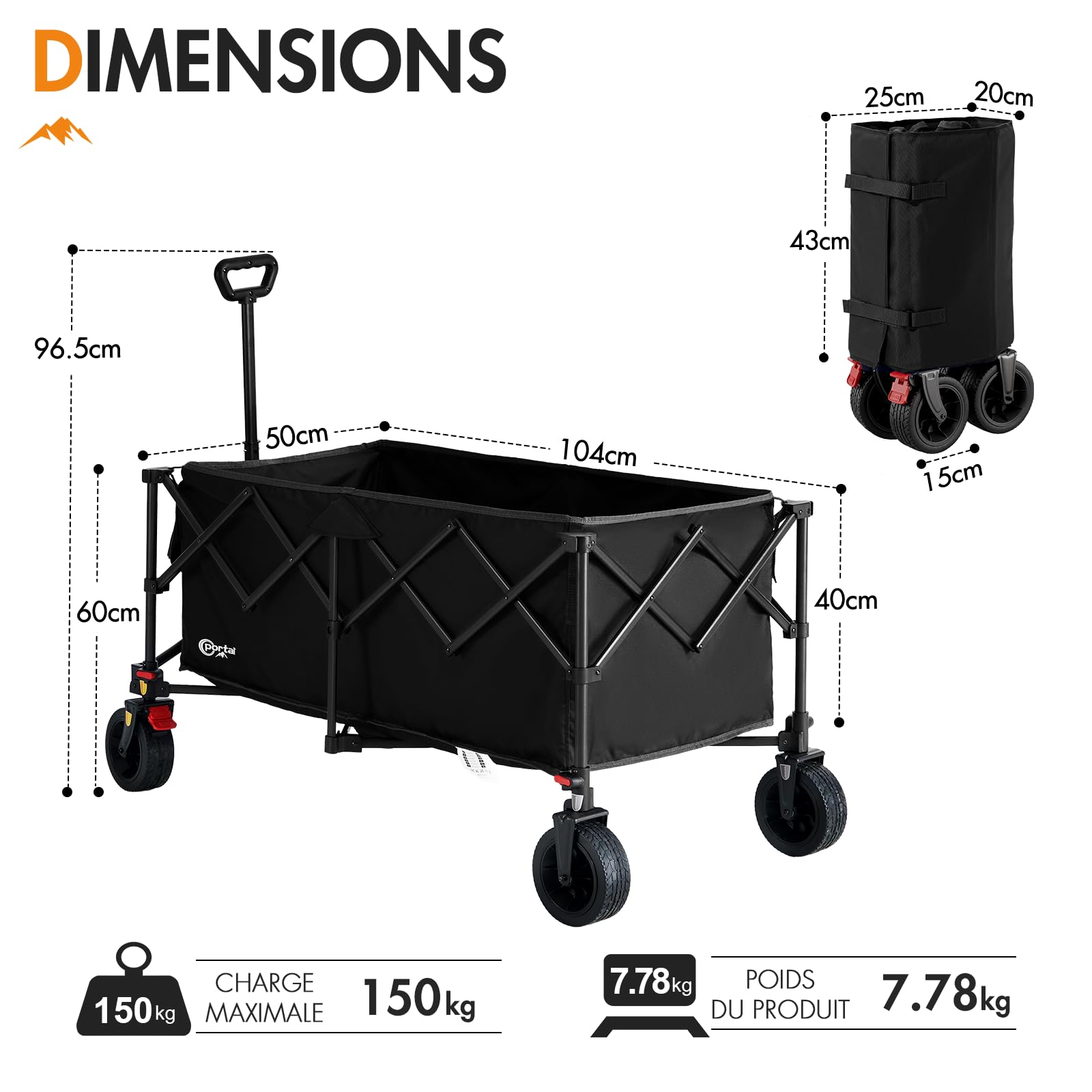 Portal Chariot de Transport Pliable XXL 300L Capacité 150kg Roues Tout Terrain 360° Frein Double Poignée Réglable Idéal pour Jardin Plage Camping et Courses Nior
