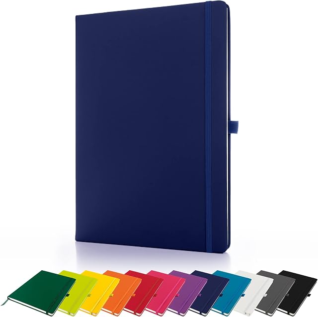 Premium A4 Notebook New Lined Hardback Journal with Pen Loop,196 Page, Elastic Closure and Ribbon Marker Notepad Note Book Notes Pad (Navy)