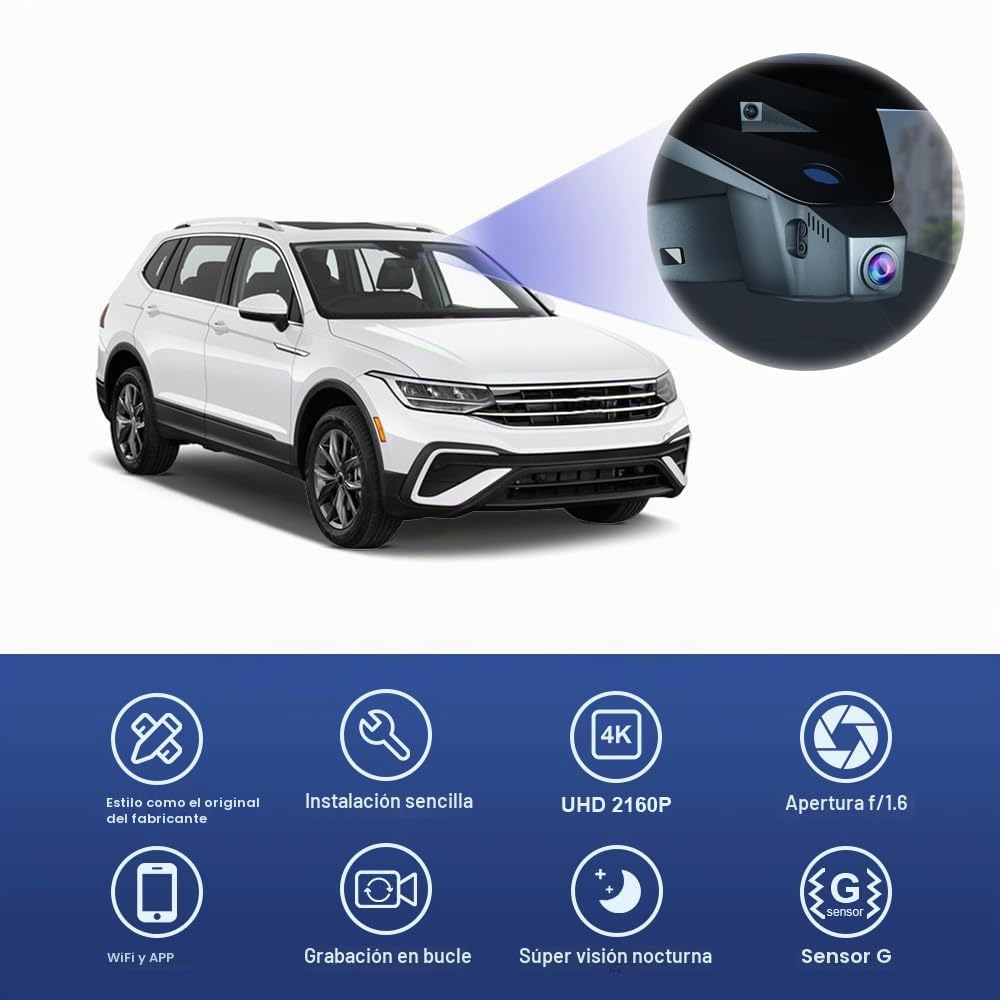 Fitcamx Dashcam 4K Adecuado para VW Tiguan 2016-2024 (HD2-6179), OEM Cámara de Coche 2160P UHD Video WiFi, Monitor de Aparcamiento, Grabación en Bucle, G-Sensor, WDR, Plug & Play, Tarjeta de 64GB