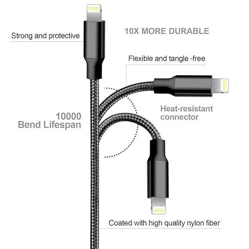 Miniatura 4 de cugunu Cargador para iPhone, 5 unidades de 3/3/6/6/10 pies, con certificación MFi de Apple, cable Lightning USB de nailon trenzado, cable de carga