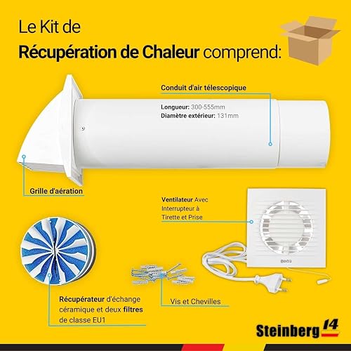 Steinberg14 125mm Decentralized CMV Unit - White Heat Recovery Cable and Cord - Dual Flow CMV Kit - Air Distributor - Wall Ventilation System - 4