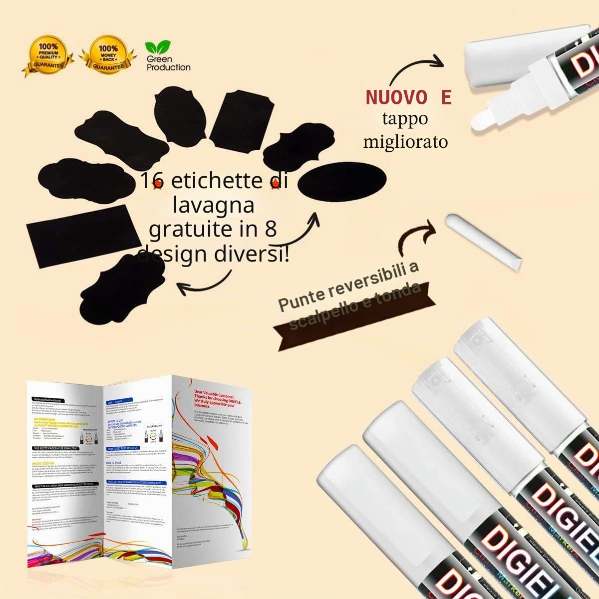 Pennarelli a gesso 3 mm + feltro liquido bianco 6 mm + 16 etichette, punta reversibile fine o smussato, cancellazione con panno