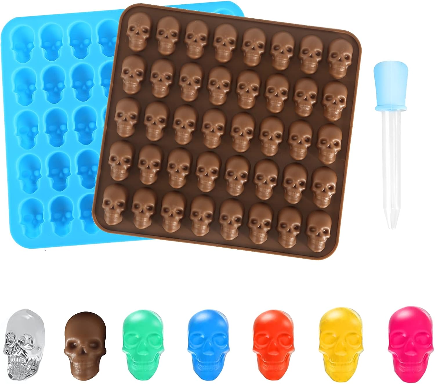 Moldes de caramelo de calavera de gomita, paquete de 2 moldes de silicona antiadherentes para chocolate con 1 cuentagotas para chocolate, dulces, Moldes de caramelo de calavera de gomita, paquete de 2 moldes de silicona antiadherentes para chocolate con 1 cuentagotas para chocolate, dulces,