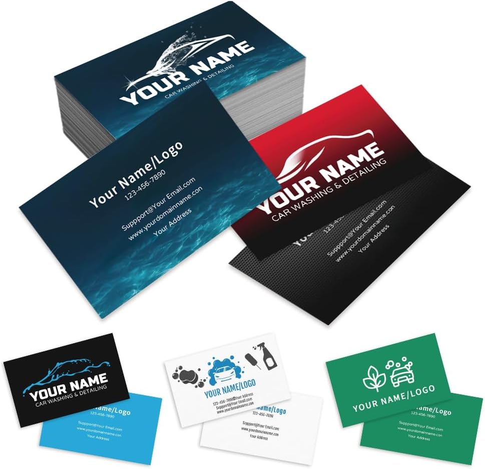 Custom Business Cards 300gsm Waterproof Matte Paper Double-sided Printing Business Cards for Small Business Customize with Your Logo Text (Car Wash Template)