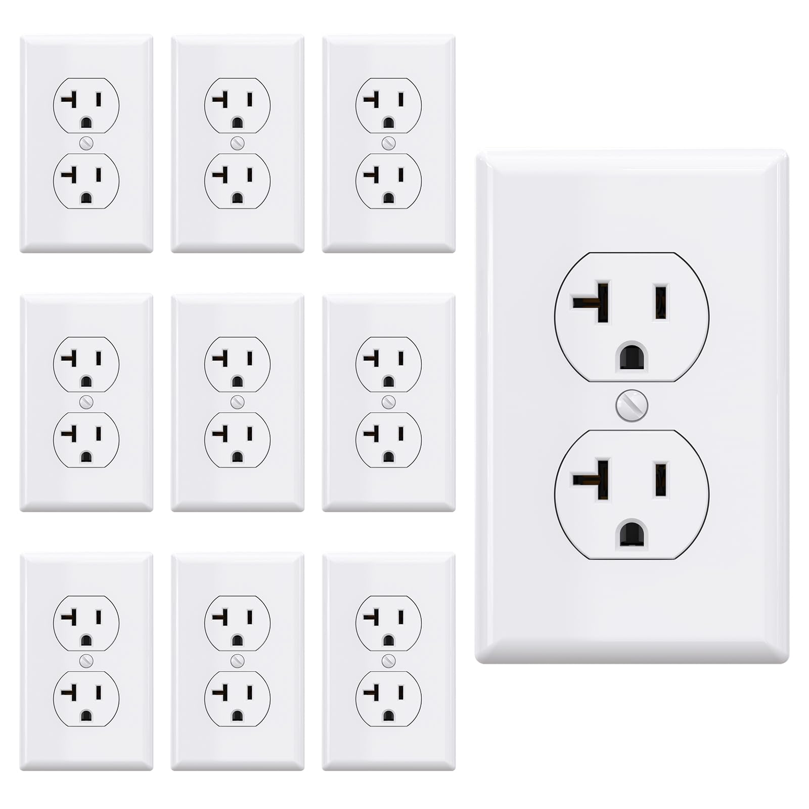 AIDA 20 Amp Outlet Duplex Electrical Receptacle Outlets, Electrical Outlet, 20Amp 125V Heavy-Duty,Wall Plate Included,Residential, 3-Wire, Self-Grounding, UL Listed, Side Wire (10 Pack, White)