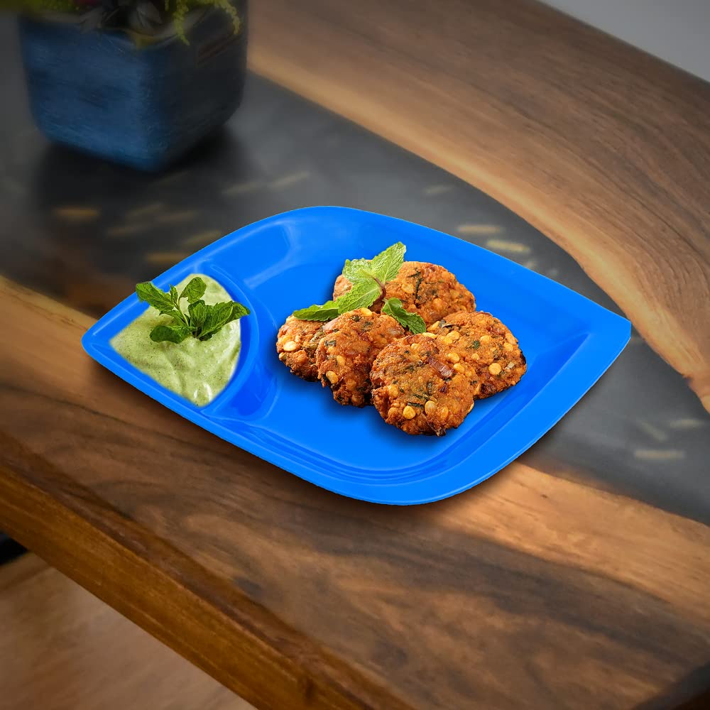 GALOOFMelamine Chip and Dip Plate Set of 6 | Leaf Shaped Platter for Serving Salsa-Nachos, Snacks, Starter, Dahi & Chaat (8 Inch) (Blue)