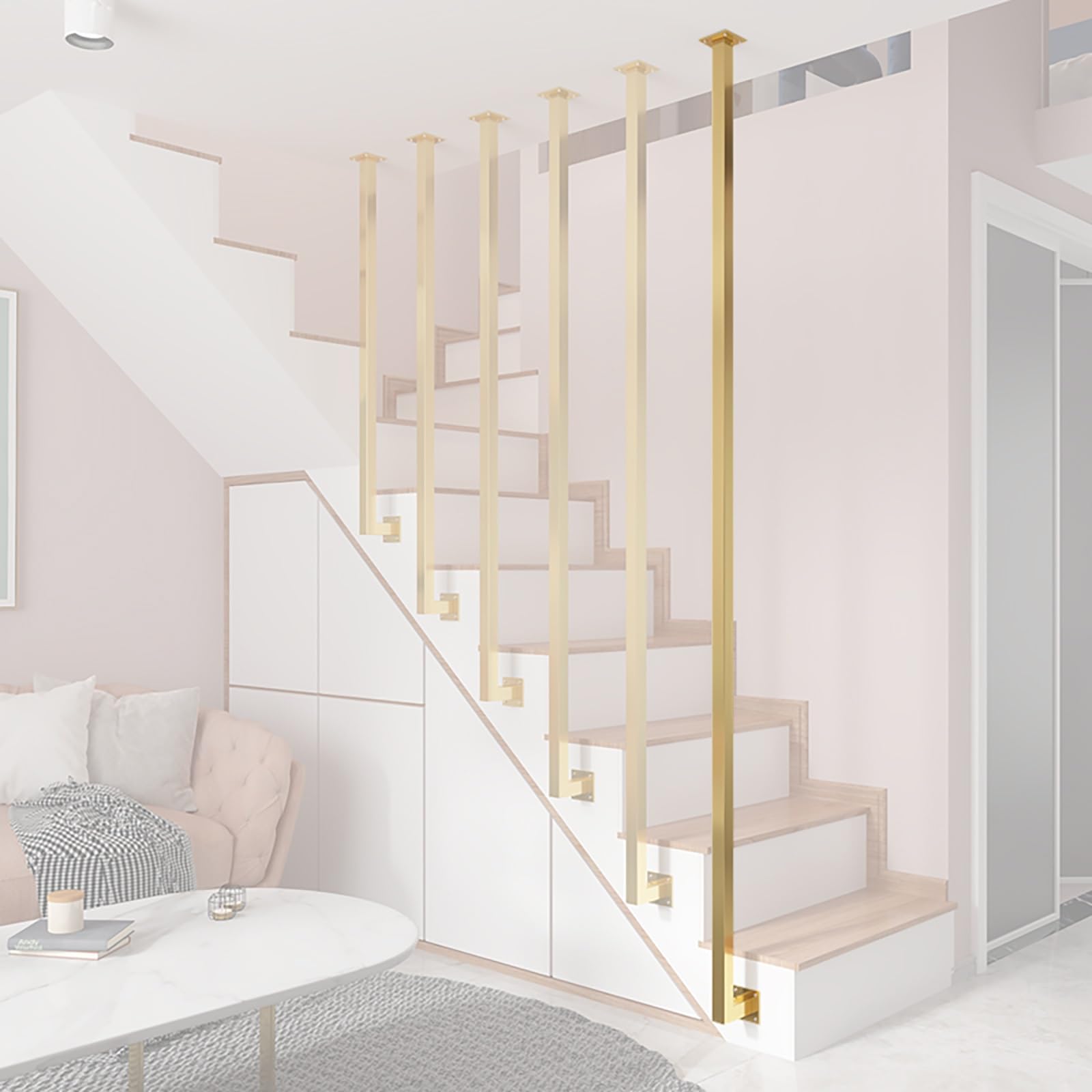 SRNSAEB Indoor Stair Railing Balusters for Balcony Attic Stairway, L-Type/Square Tube Stair Baluster Posts Side Mount, Customizable Staircase Spindles Metal Iron(1pc Gold,230cm/90.6inch)