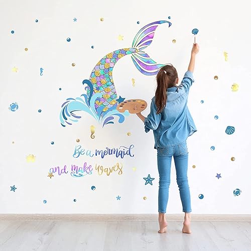 Miniatura 10 de Buiory Calcomanías de pared extraíbles con cola de sirena colorida y letras "Be a Mermaid and Make Waves" estilo océano, animales de ampolla para