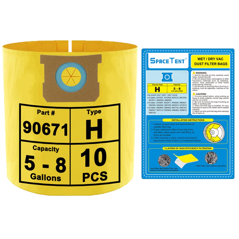SpaceTent 10 Pack Type H HIGH Efficiency Vacuum Replacement Bags, Part # 9067133 - Compatible with Shop Vac 5-8 Gallon Wet/Dry Vacs 90671 9067100