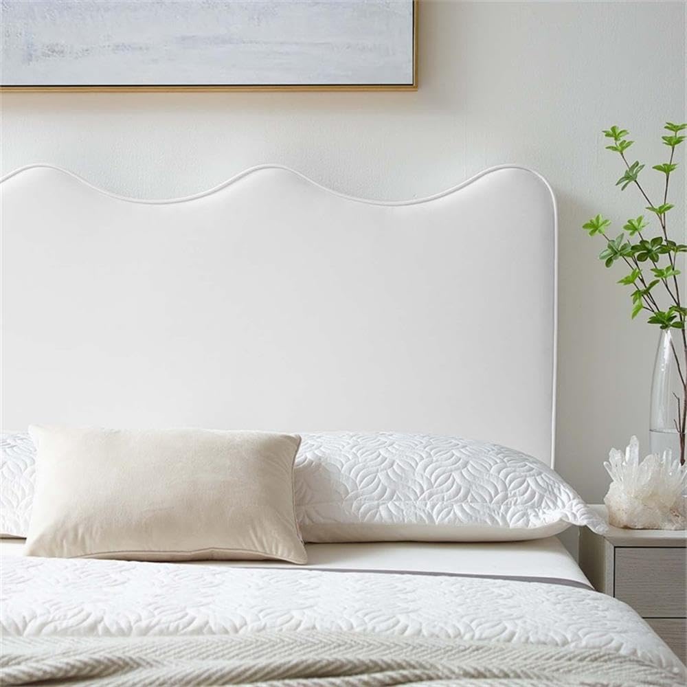 Pemberly Row Performance Velvet Full/Queen Headboard, 26" H x 61.5" W x 2.5" D, White Finish, Stain-Resistant Upholstered Foam Padding, Scalloped Modern Design, Adjustable for Master Bedroom or Guest