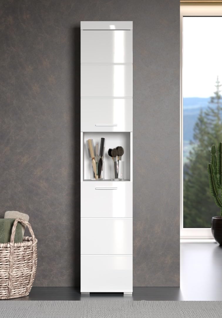 trendteam smart living - Amanda - Hochschrank - Weiß Hochglanz - Badezimmerschrank mit 2 verstellbaren Einlegeböden - (BxHxT) 37 x 190 x 31 cm - moderner Badschrank mit 4 Fächern und Einer Ablage