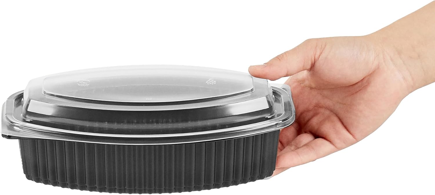 Restaurantware-RW Base 32 Ounce Meal Prep Containers, 50 Microwavable To Go Containers With Lids - Disposable, Freezable, Black Plastic Oval Food Containers, Pack Hot And Cold Food, For Takeaway