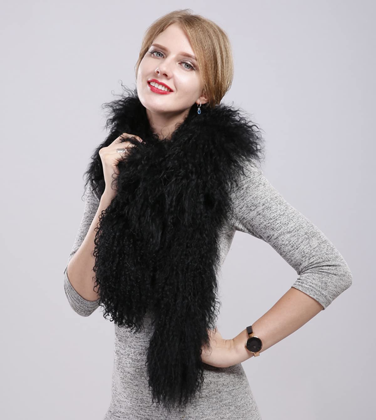 Bufanda larga de cordero mongol para mujer, abrigo para el cuello, otoño, invierno, cuello rizado, fiesta al aire libre, 180 x 20 cm, Negro