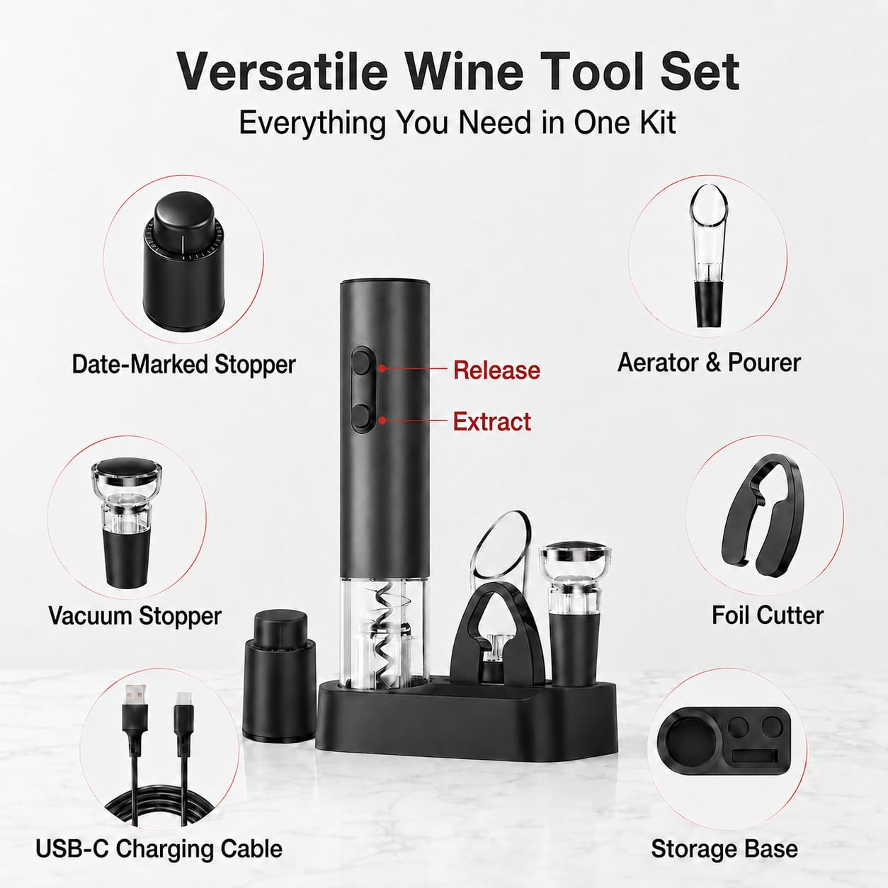 BABONIR Elektrischer Weinöffner, 7-in-1 Premium-Aluminiumlegierung, Geschenk-Set, wiederaufladbarer automatischer Weinflaschenöffner mit Datumsskala, Vakuumverschluss, Folienschneider, Weinbelüfter