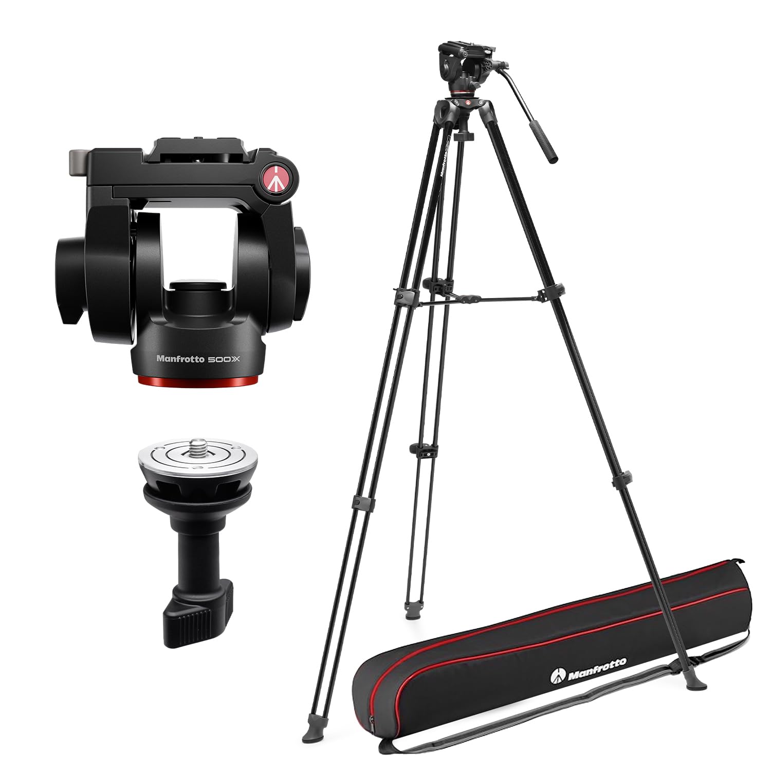 Manfrotto 500X Video Kit, Testa Fluida e Treppiede a Doppio Tubo in Alluminio, Portata 5 Kg, Base Piatta, Spreader Intermedio, Piastra Rapida, Verticale/orizzontale, Borsa Inclusa