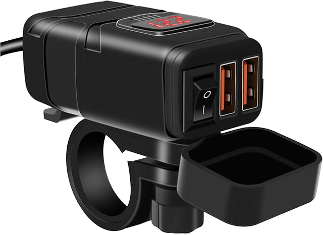 Sammious Motorcycle USB Charger, QC3.0 Quick Charge 12v USB socket, and 6-30V LED Voltmeter, Waterproof Motorbike Phone Charger for Motorbike/Car/Boat/Campervan/Caravan