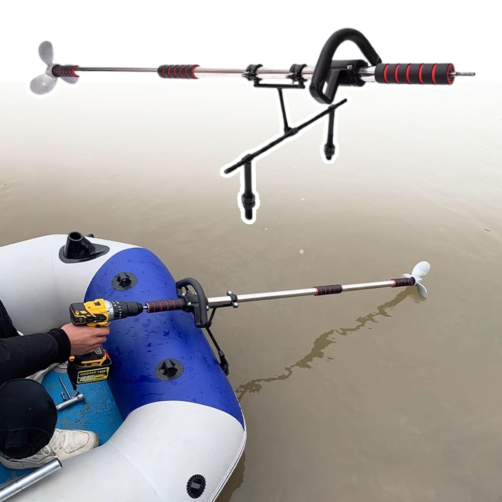 Motor Fueraborda Motor de Barco con Taladro Inalámbrico para Exteriores, Hélice Manual con Flotador para Kayak, Propulsor de Motor de Pesca de Arrastre para Barco(With Kayak Stand,L-125cm(49 1/4"))