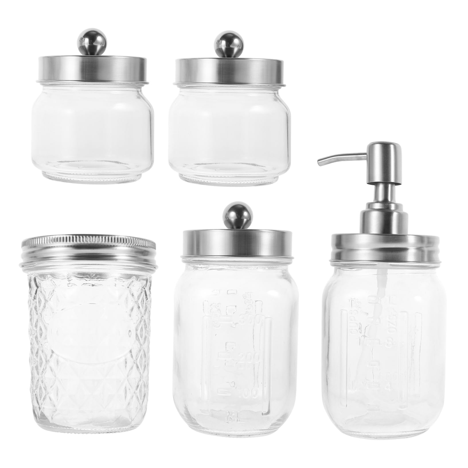 Yardenfun Juego de Baño Dispensador de Jabón Espumoso y Porta Cepillos de Dientes en Tarro de Vidrio Set de Accesorios para Baño 5 Piezas Diseño Rústico y Funcional