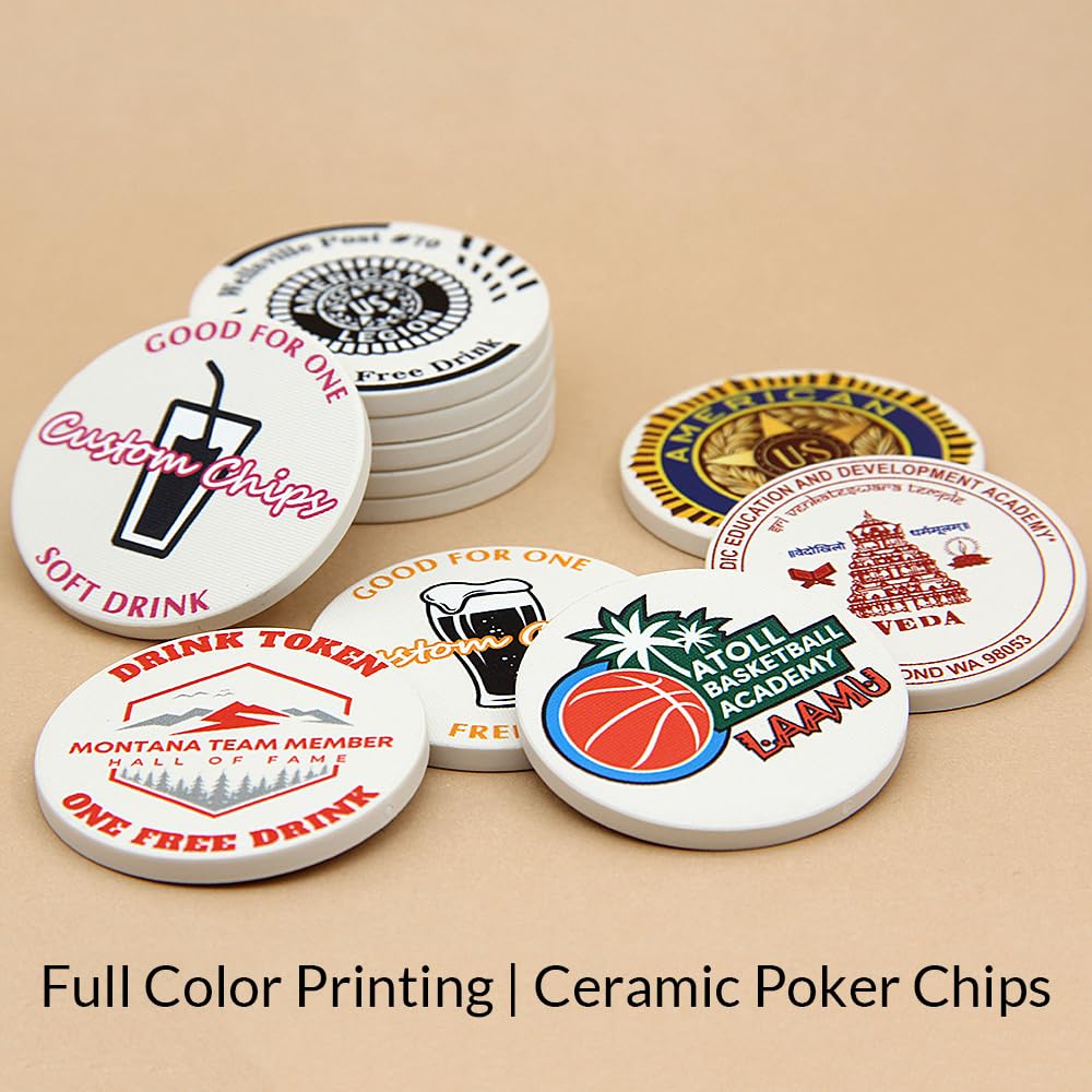 100 fiches da poker in ceramica personalizzate, 10 grammi, 39 mm, stampa con testo o immagini