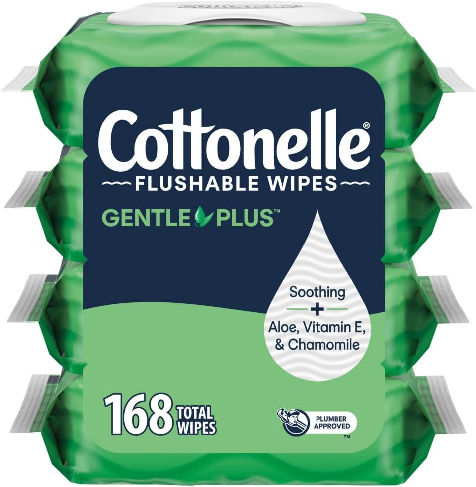 Cottonelle GentlePlus Flushable Wet Wipes with Aloe &amp; Vitamin E, 4 Flip-Top Packs, 42 Wipes Per Pack (168 Total Wipes), Packaging May Vary The Forest Stewardship Council