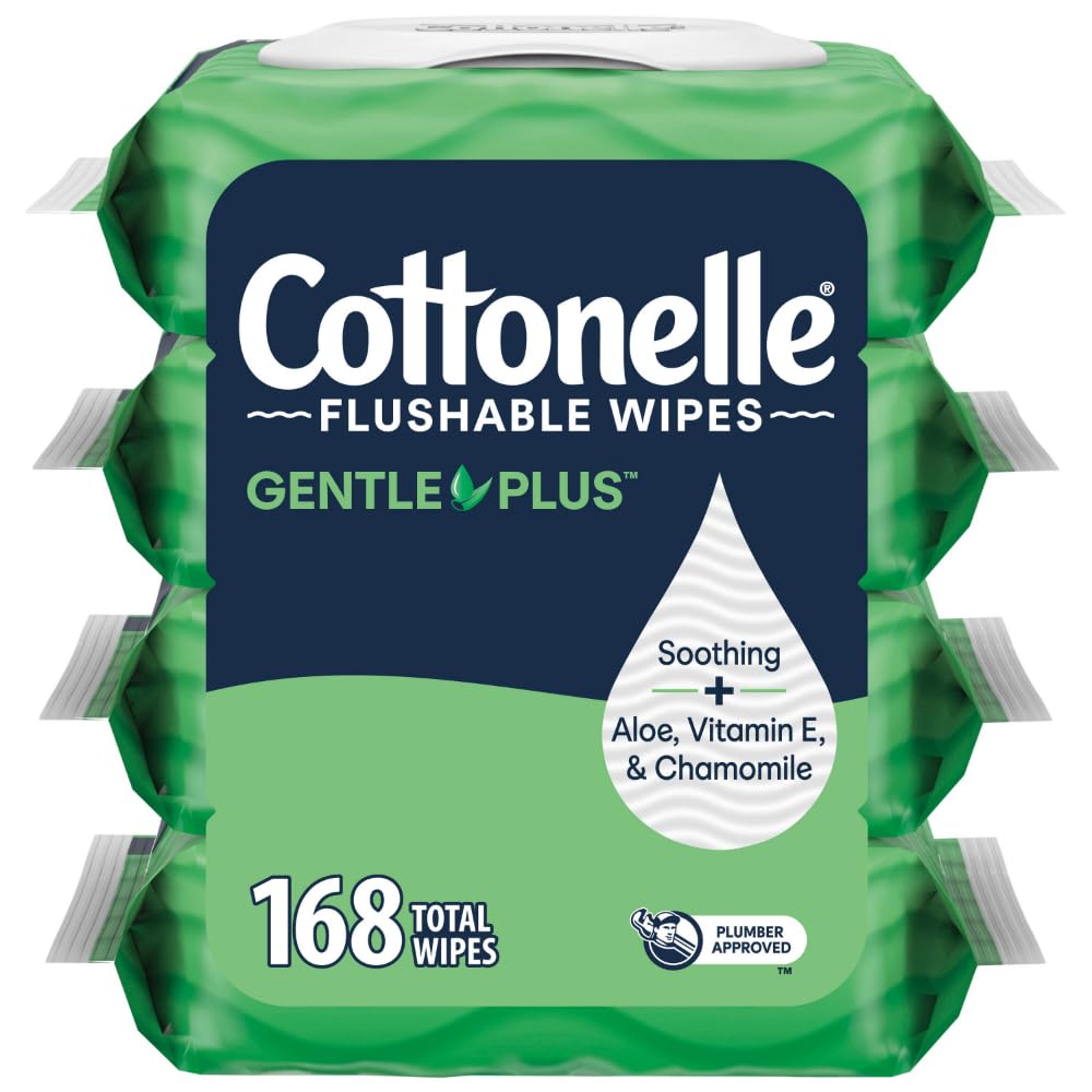 GentlePlus Flushable Wet Wipes with Aloe & Vitamin E - 4 Flip-Top Packs, 168 Total Flushable Wipes, 42 Count (Pack of 4)