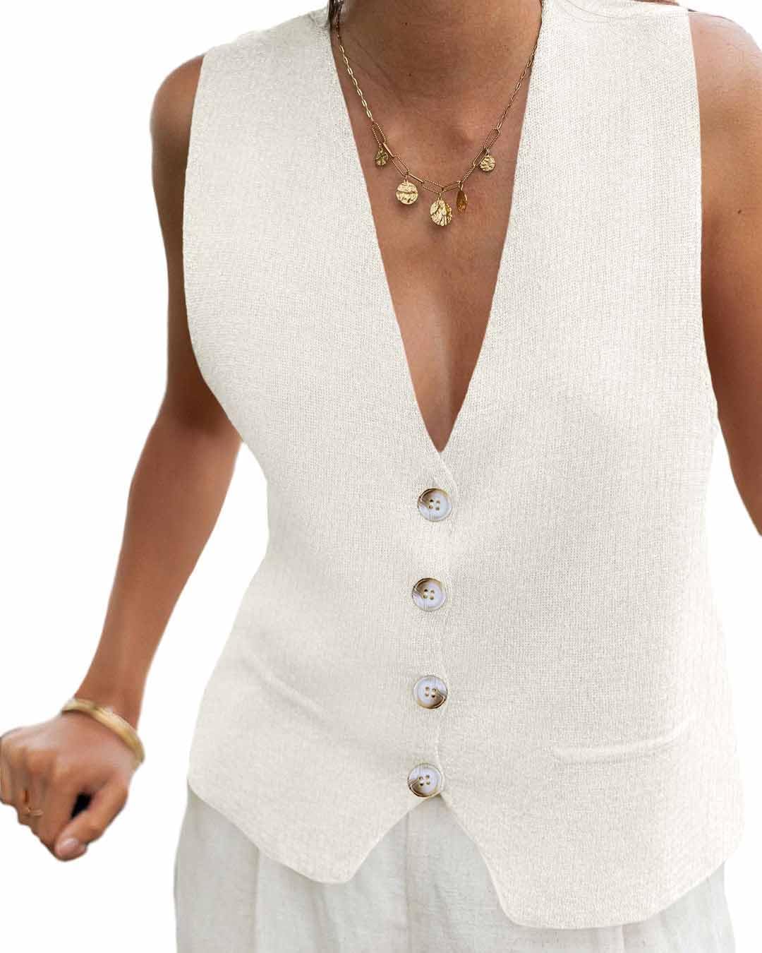 Chaleco de Punto en V para Mujer, Cárdigan de Verano, Blanco, XXL