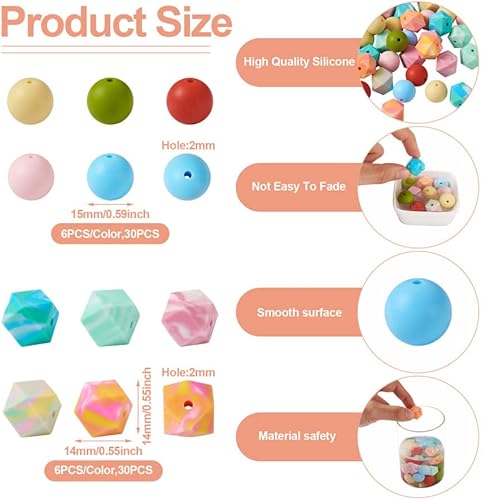 Miniatura 3 de 60 cuentas redondas de silicona hexagonales de 0.59 pulgadas (0.591 in), cuentas redondas de silicona de 0.55 pulgadas (0.551 in), cuentas