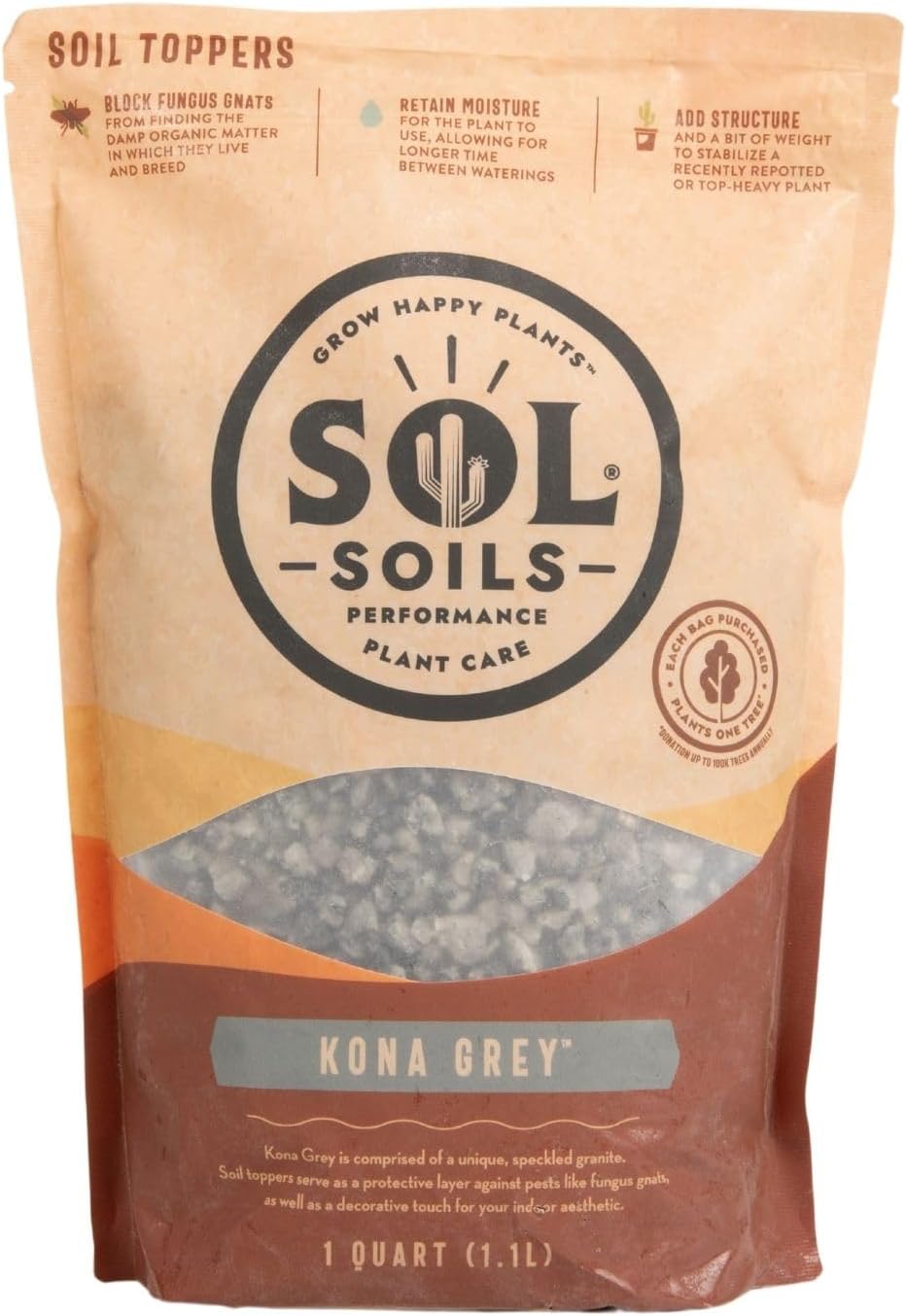 sol soils Kona Grey Soil Topper – St. Cloud Grey Granite Decorative Rocks for Potted Plants, Succulents, Cactus, Houseplants, and More – Top Dressing for Water Retention & Pest Protection – 1 Quart