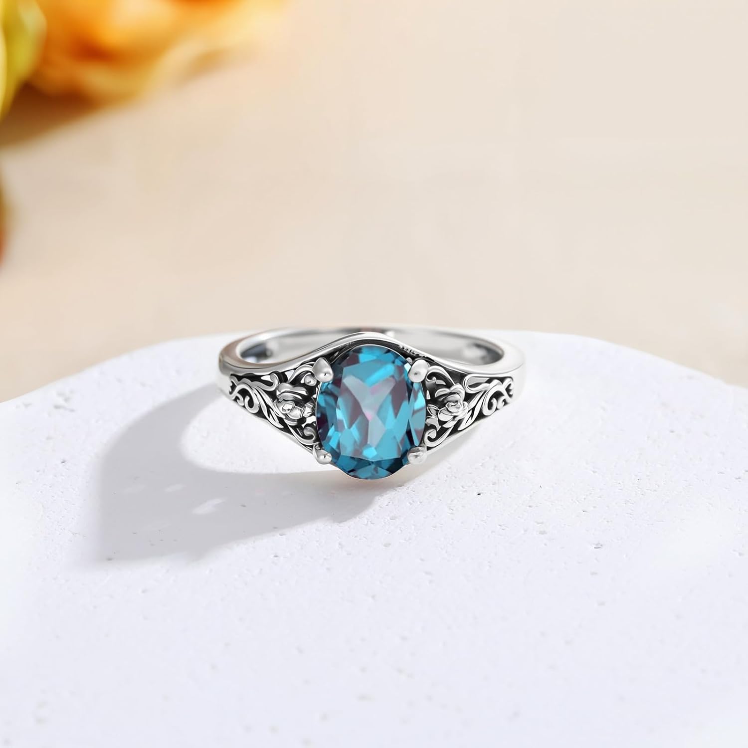 Vintage 1.5 Carat Oval Cut Genuine or Created Birthstone Ring 925 Sterling Silver Gemstone with Oxidized Filigree Pattern Anniversary Ring for Women