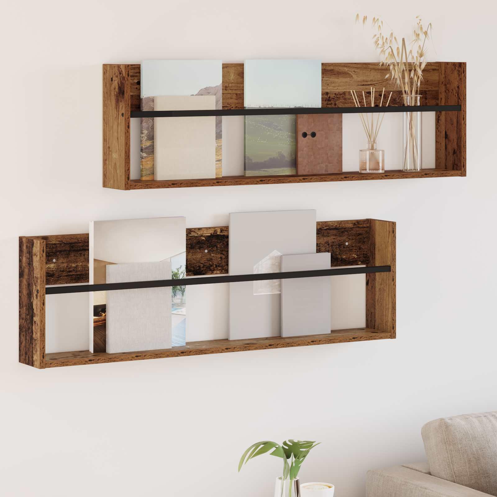 Wandmontiertes Regalbrett 2 Stück Magazinregal Altholz 100 x 12 x 30 cm Holzwerkstoff für Zeitschriften und Büroorganisation