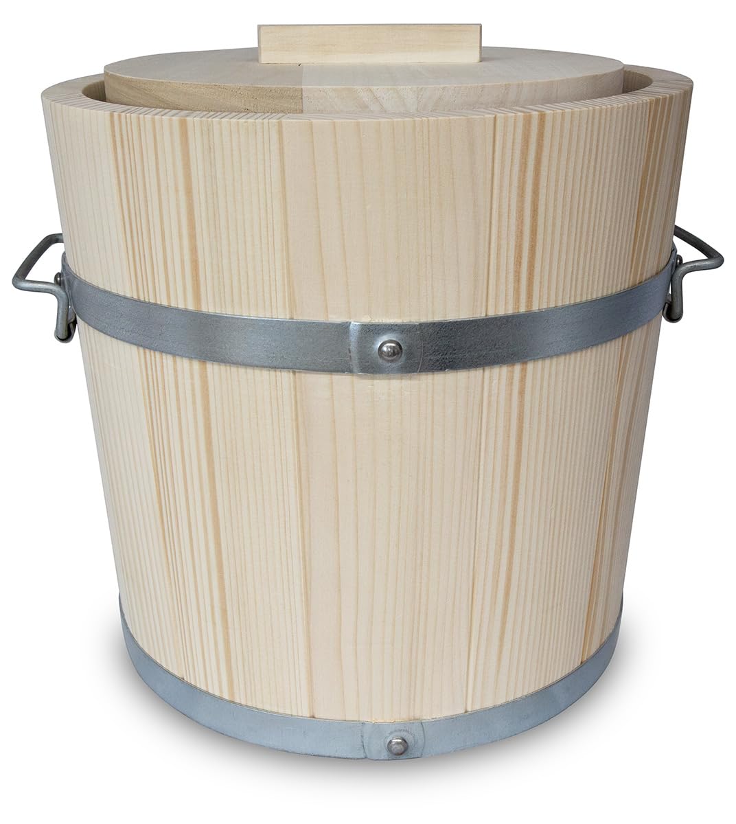 KERAZO Fermentation Bucket with Lid - Natural Fermentation Barrel with Metal Strapping and Handles - Wooden Sauerkraut Barrel for Fermentation of Vegetables, Kimchi, Cucumbers - Wooden Fermentation