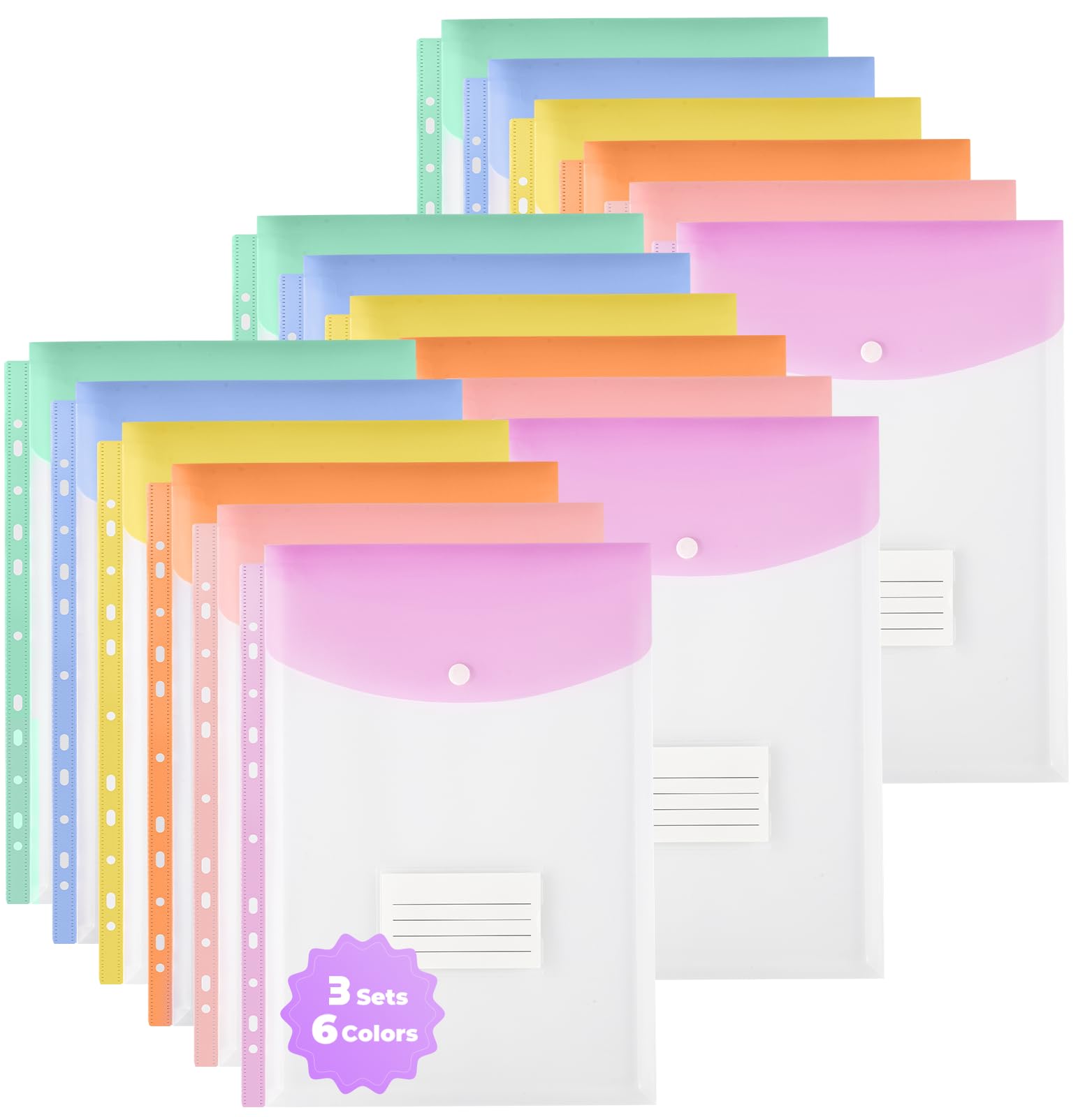 SUIN A4 Plastic Wallets with Popper, 11-Hole Punched Pockets for Ring Binders, Pastel Coloured Document Folders with Label Tag, Clear Document Wallets Plastic Folders A4 Size (18 Pack) — image 1