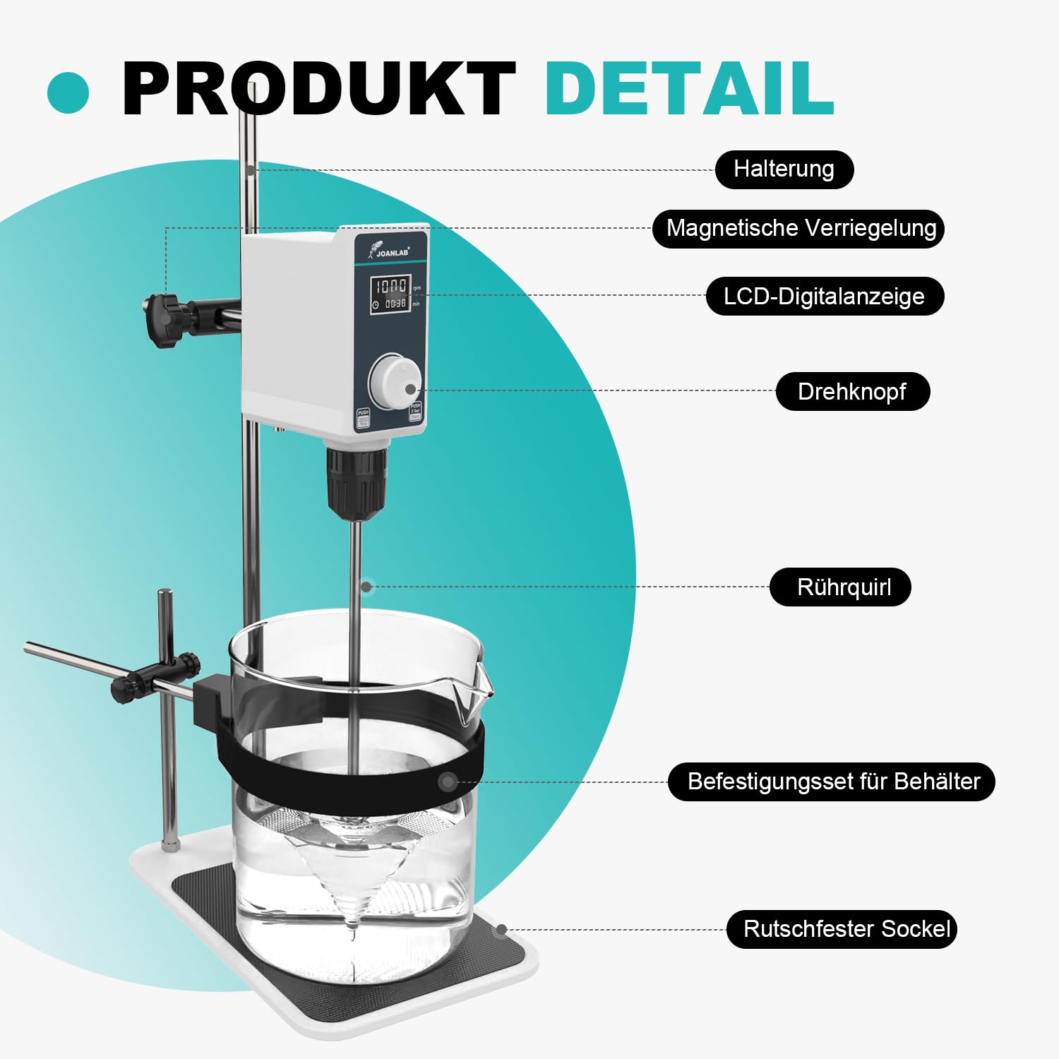 JOANLAB Laborrührwerk Overhead Stirrer, 50W Laborrührer mit Rührblatt & Edelstahl-Ständer, Verstellbare Geschwindigkeit 100-1500 U/min, Timer 1min-24h, für max. 20L & 20000 mPas